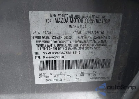 2007 Mazda Mazda6 I Sport из США, поврежденный, VIN 1YVHP80C675M18545